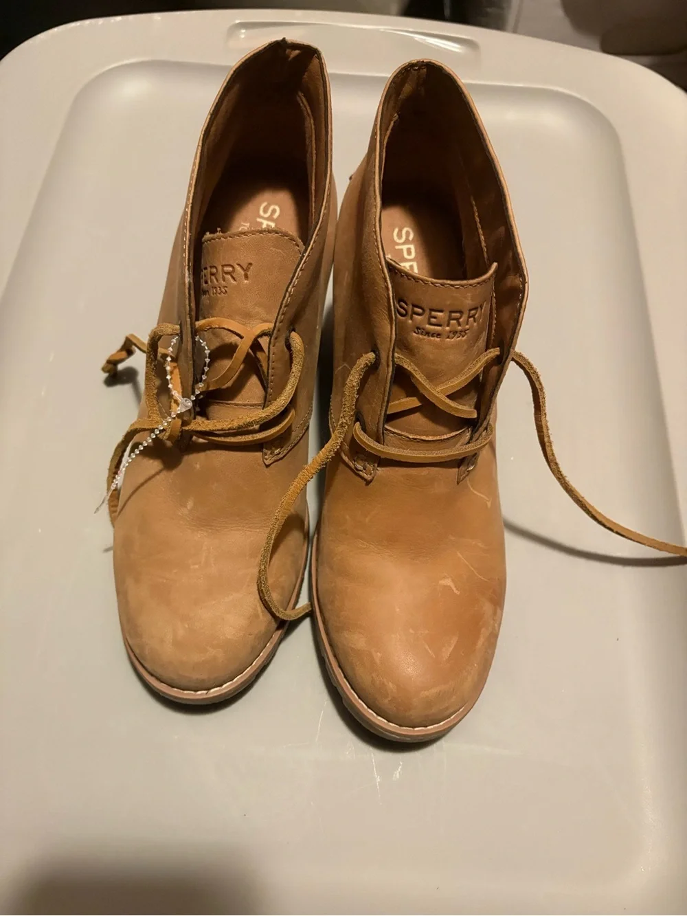 Sperry Women's Tan Lace-Up Wedge Ankle Boots